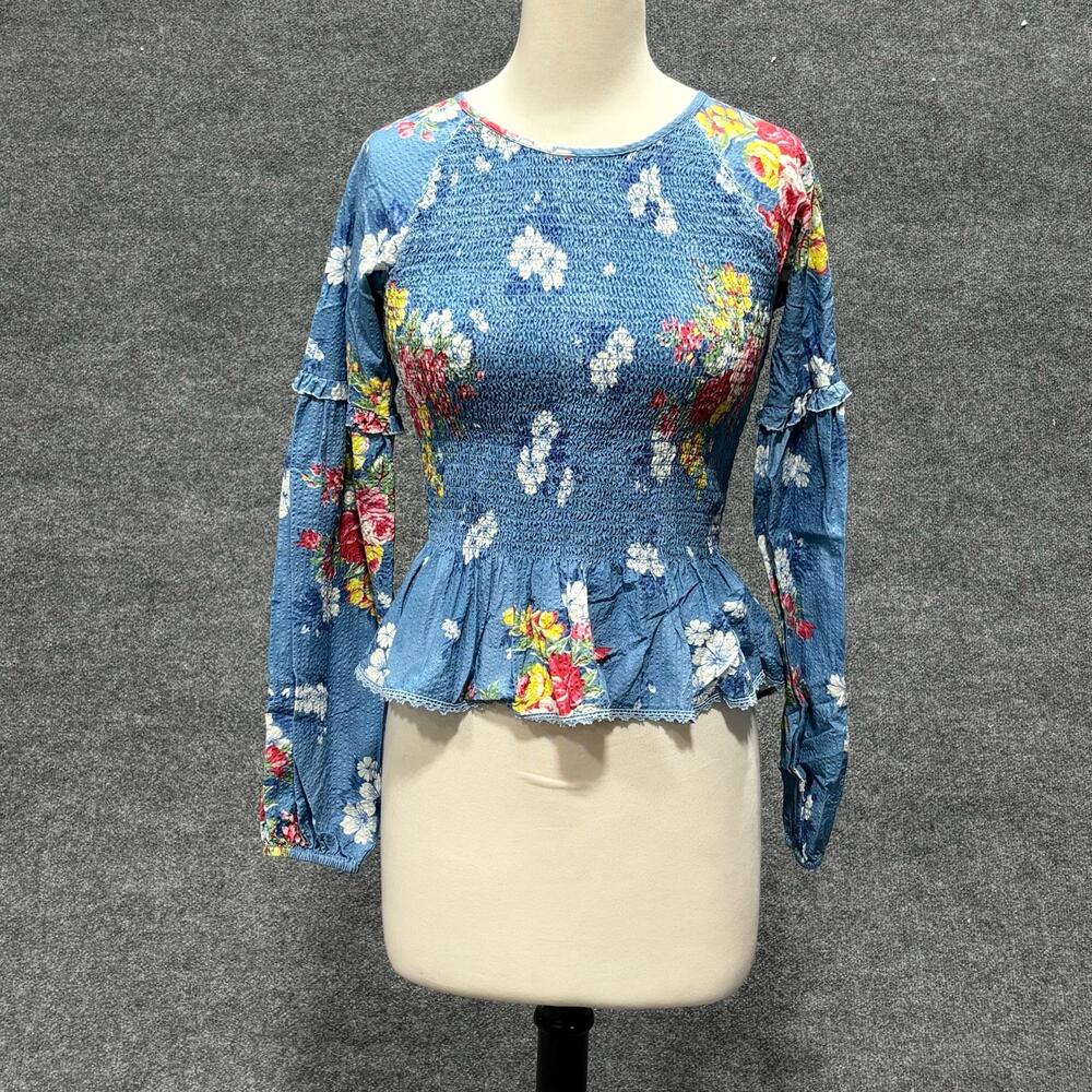 LoveShackFancy Blouse Womens XS Blue Floral Smocked Peplum Long Sleeve Top Boho